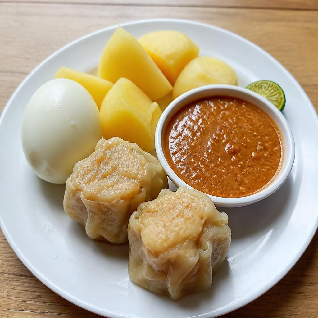 Siomay Komplit Es Teler 77 dengan telur kentang dan bumbu pelengkap